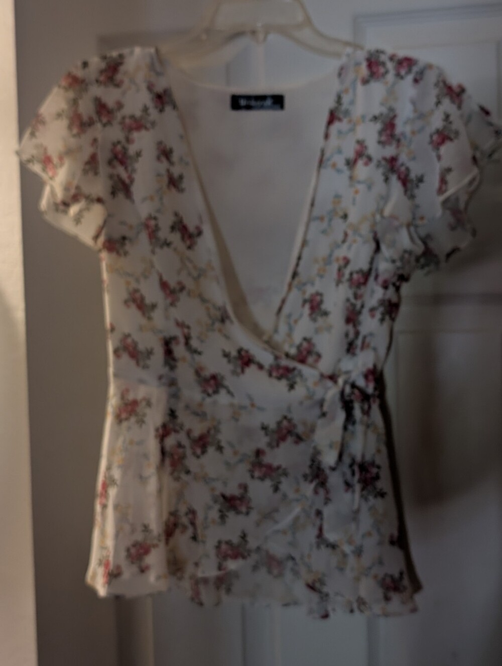 Allegra K Ivory Wrap Blouse with Pink Floral Print